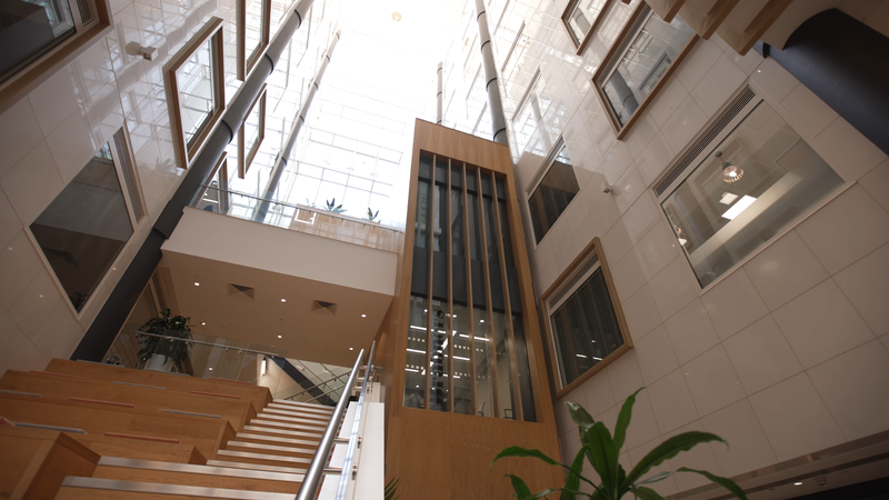 A modern indoor atrium with a glass ceiling, featuring wooden staircase, framed windows on walls, and a central glass-enclosed elevator shaft.