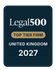 A beige and dark blue certificate design with "Top Tier Firm" at the top, "Legal 500 United Kingdom 2026" in the centre, on a dark blue background.