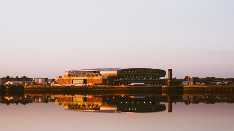 Liverpool UK June 2024 Everton football club new bramley moore dock premier league stadium during sunset with reflection in mersey river