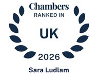 A laurel wreath surrounds the text: "Chambers ranked in UK 2026 Sara Ludlam" on a white background.