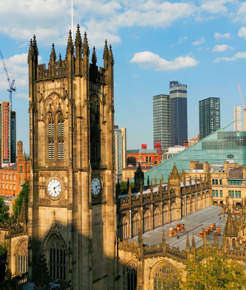Manchester city centre arial drone shot cathedral
