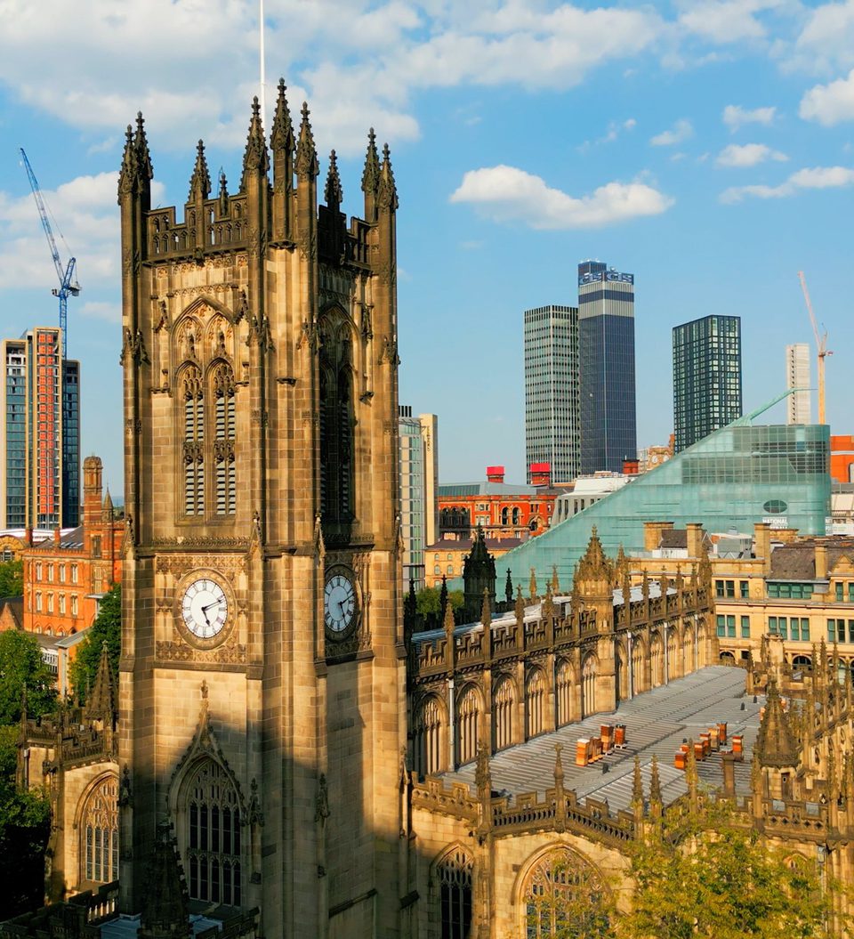 Manchester city centre arial drone shot cathedral