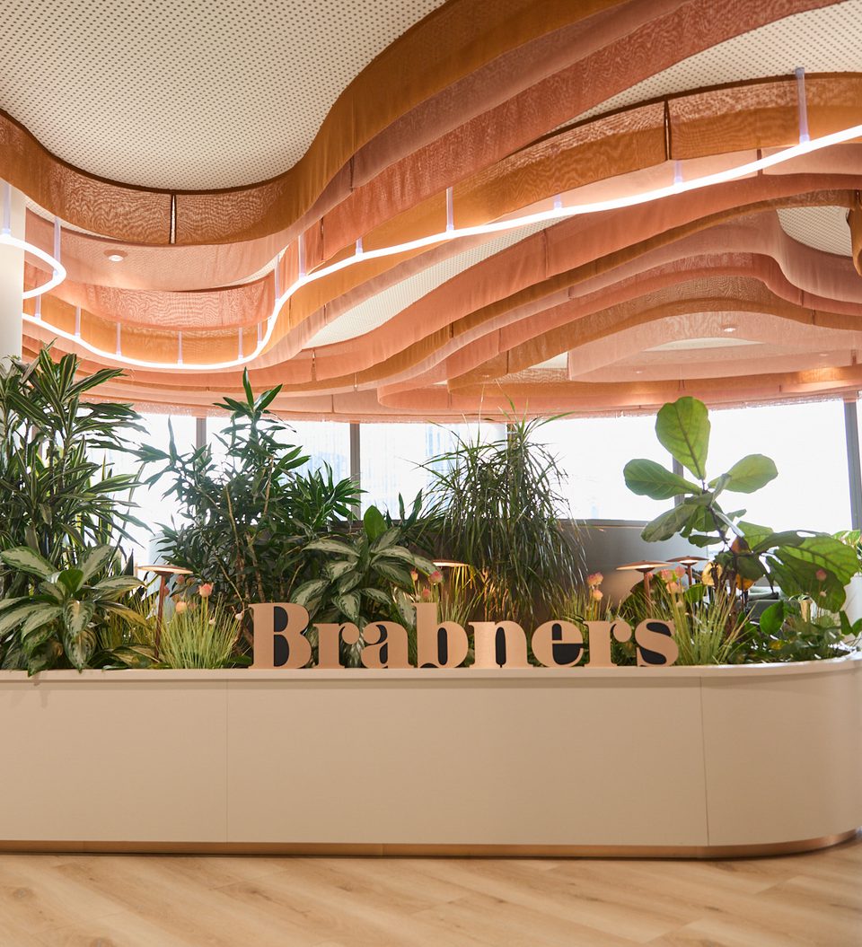 Modern lobby with a curved white planter filled with lush green plants, pink fabric ribbons on the ceiling and circular lights, and large windows behind with a Brabners sign.