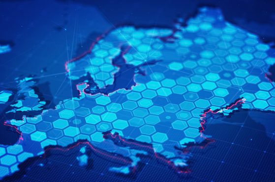 Map of Europe with hexagons tech concept