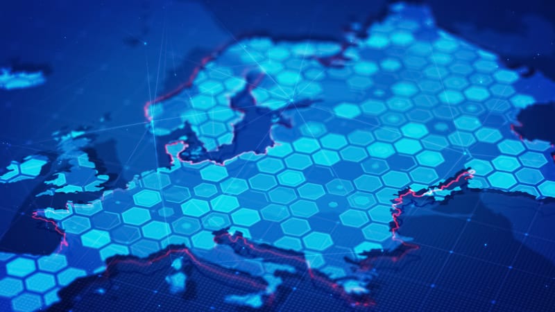 Map of Europe with hexagons tech concept