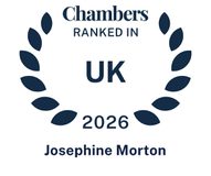 Chambers ranked in UK 2026, with Josephine Morton’s name below, surrounded by a laurel wreath in navy blue on a white background.