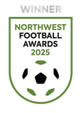 A badge with a black "WINNER" at the top, a green border, and text reading "NORTHWEST FOOTBALL AWARDS 2025" above a stylised black and green football icon.