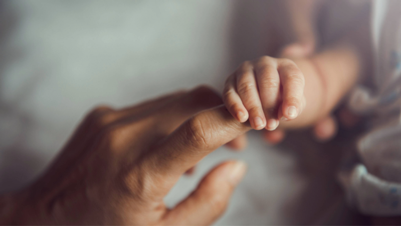 A close-up of an adult's hand gently holding a baby's hand, with the baby's small fingers grasping two of the adult's fingers.
