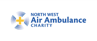 North West Air Ambulance Charity logo with a yellow cross surrounded by blue radio waves and the charity's name in bold blue text.