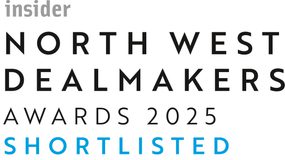 "Insider North West Dealmakers Awards 2025 shortlisted logo with black and blue text on a white background."