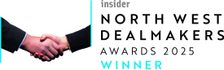 "Insider North West Dealmakers Awards 2025 winners logo with black and blue text on a white background."