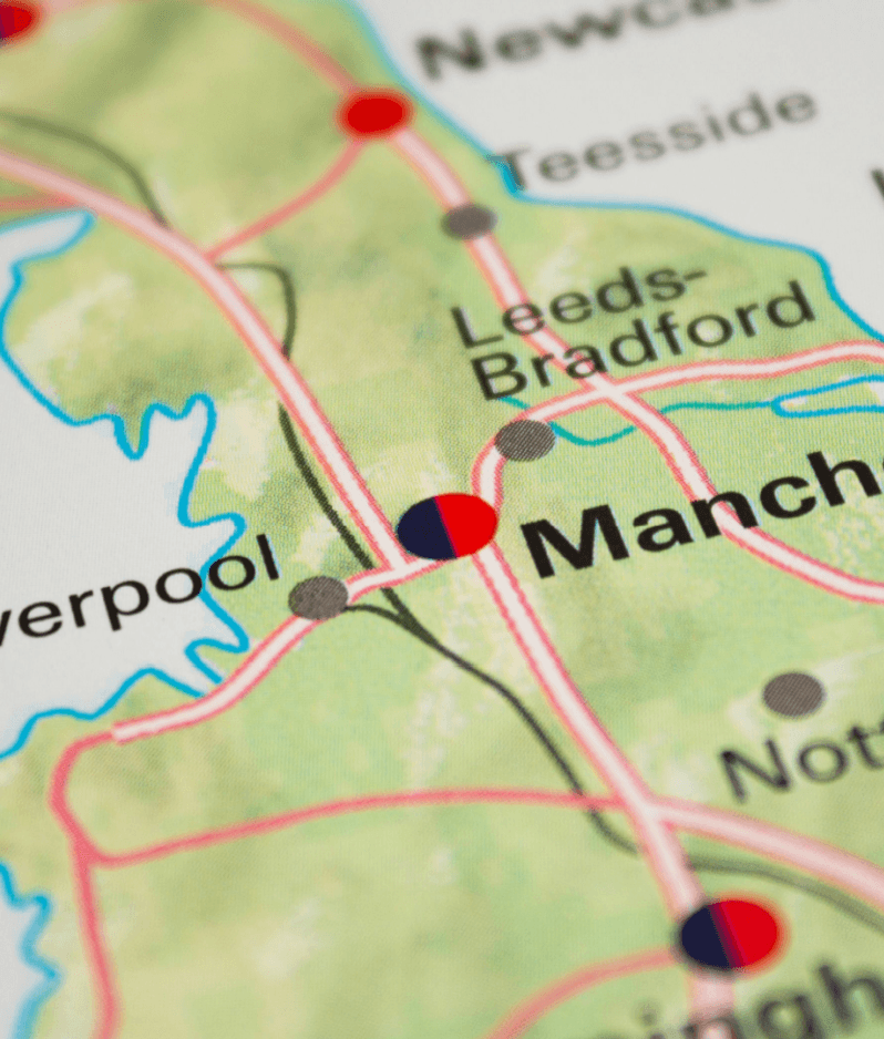 Northern connectivity map showing manchester liverpool leeds bradford and Nottingham