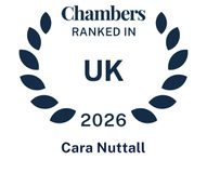 A badge design with a laurel wreath, text stating "Chambers ranked in UK 2026" and the name "Cara Nuttall" at the bottom. The text is dark blue on a white background.