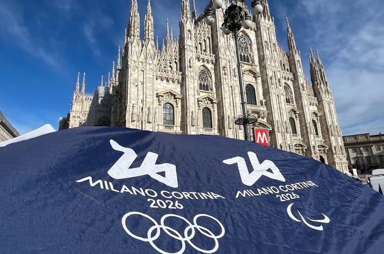 Official Logo of 2026 Olympic Games in Milano and Cortina in front of the Duomo di Milano - credit: sports photos