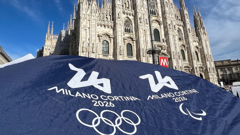 Official Logo of 2026 Olympic Games in Milano and Cortina in front of the Duomo di Milano - credit: sports photos