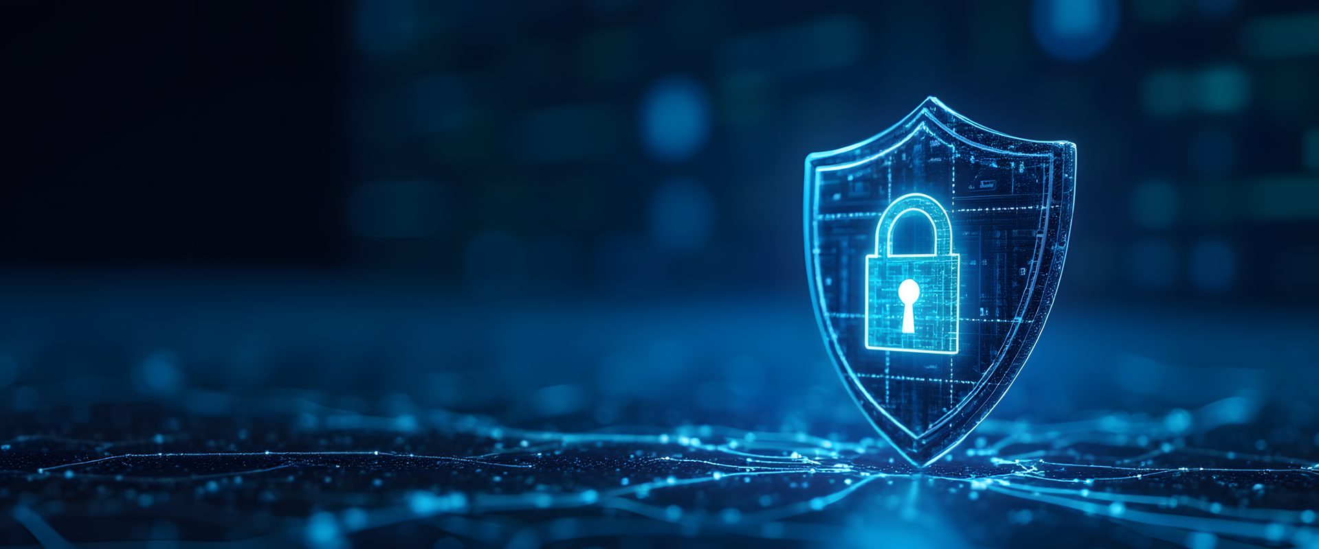 A digital shield with a padlock icon glowing in blue, floating above a futuristic digital grid background representing cybersecurity.