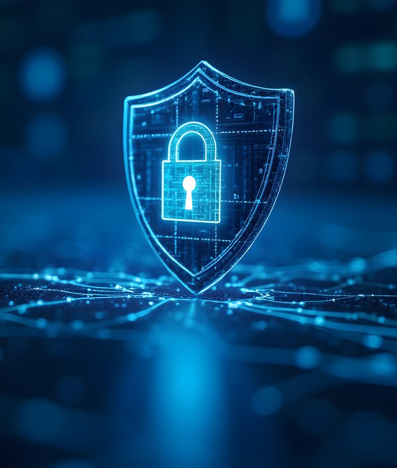 A digital shield with a padlock icon glowing in blue, floating above a futuristic digital grid background representing cybersecurity.