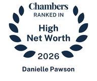 Chambers ranked in High Net Worth 2026 badge with a dark blue laurel wreath and the name Danielle Pawson.