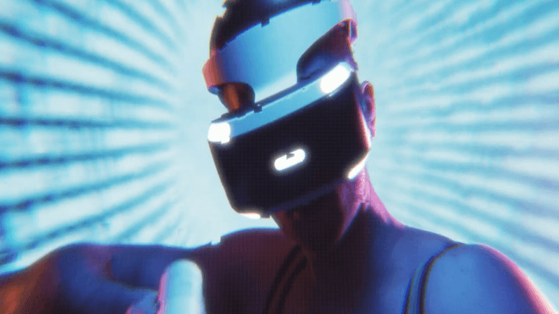 Person wearing VR headset using controller