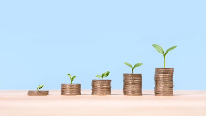 Stacks of coins rise from left to right, each topped with a small green sprout, symbolising financial growth on a wooden table against a blue sky backdrop.