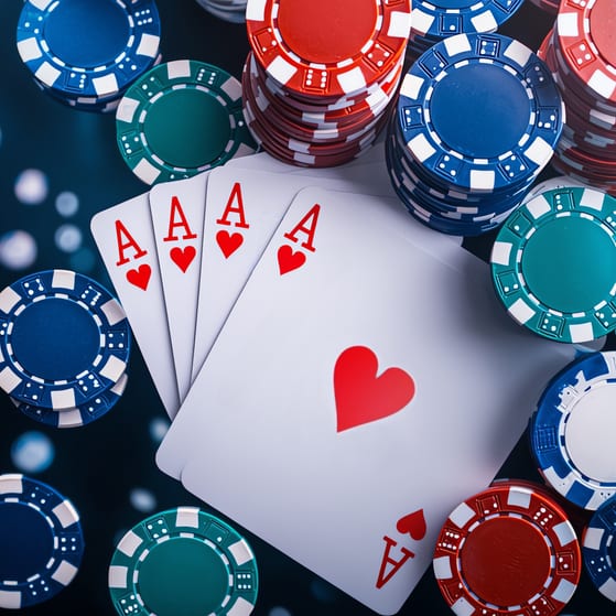 Poker chips and four ace of hearts cards