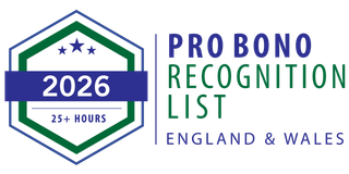 A logo with a hexagonal badge featuring three stars above the year "2026" and the text "25+ HOURS"; alongside the words "PRO BONO RECOGNITION LIST" and "ENGLAND & WALES".