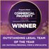 Property Week Commercial Property Awards winner poster in purple and gold, featuring 'Outstanding Legal Team of the Year' text and event details.
