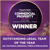 Property Week Commercial Property Awards winner poster in purple and gold, featuring 'Outstanding Legal Team of the Year' text and event details.