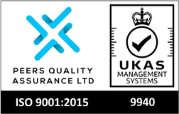 A logo with interconnected blue lines on the left; on the right, a UKAS certification mark with a crown, tick inside a circle, and the text "UKAS MANAGEMENT SYSTEMS".