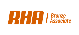 Silver, metallic 3D text spelling "RHA" with a reflective surface and a slight diagonal tilt.