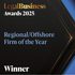 Legal Business Awards 2025, Regional/Offshore Firm of the Year, Winner trophy badge with black background and gold, blue and white text and accents.