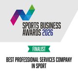 Sports Business Awards 2026 logo with a multicoloured geometric mark, green FINALIST banner and Best Professional Services Company in Sport.