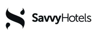 A logo with a stylised black "S" shape next to the words "Savvy Hotels" in black text.