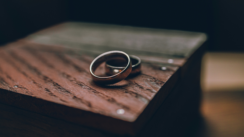 Two wedding bands rest on a piece of weathered wood, with the focus on the rings and the surface, and a blurred background.