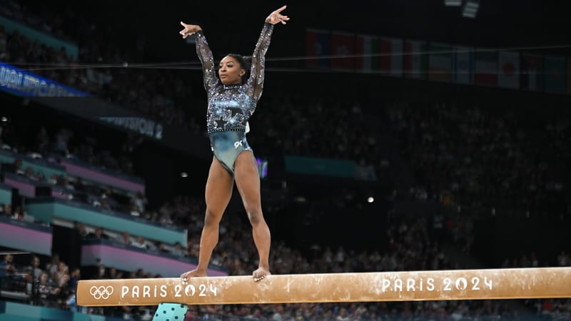 Simone Biles of team USA competes on the balance beam during the Artistic Gymnastics Womens Qualification at the the Olympic Games Paris 2024