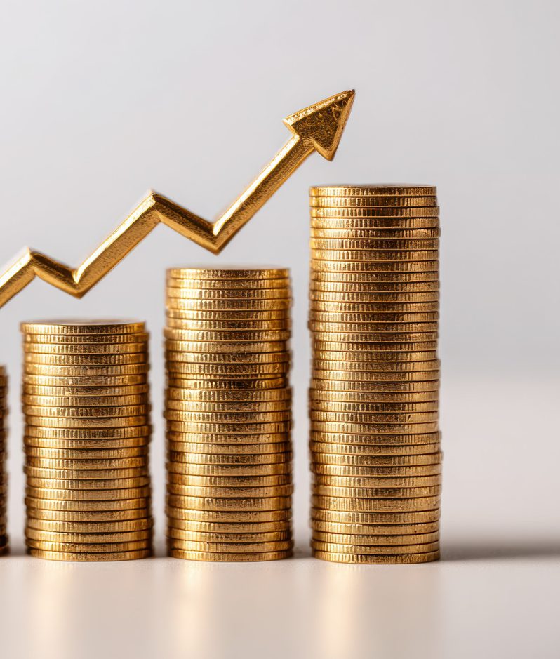 Stacks of gold coins increasing in size with an arrow showing growth