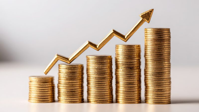 Stacks of gold coins increasing in size with an arrow showing growth