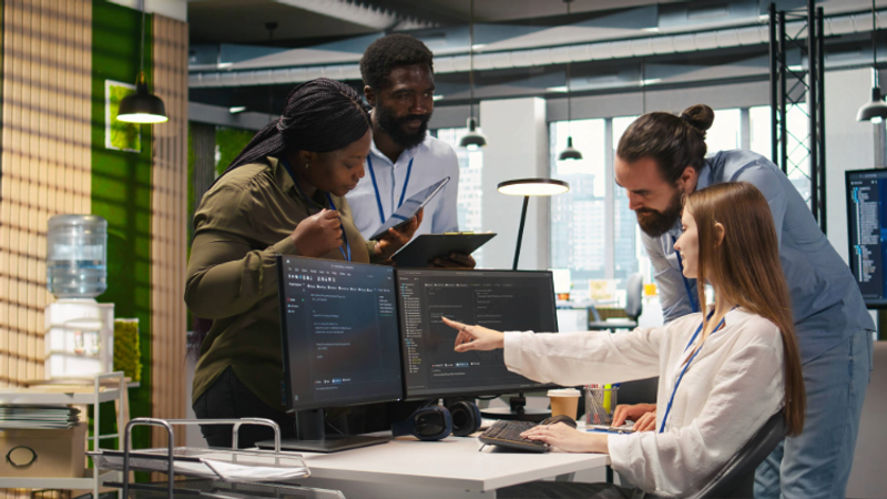 Group of four diverse colleagues collaborating around a computer workstation in a modern office, discussing work on the two monitors.