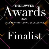 A black background with colourful geometric lines and shapes, displaying "The Lawyer Awards 2026 Finalist Celebrating Legal Excellence" in white text.