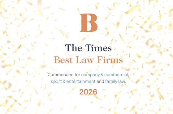 The image displays a celebratory background with gold confetti, featuring text that awards "The Times Best Law Firms 2026" for company, commercial, sport, entertainment, and family law.