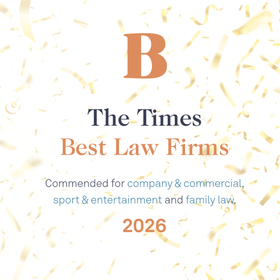 The image displays a celebratory background with gold confetti, featuring text that awards "The Times Best Law Firms 2026" for company, commercial, sport, entertainment, and family law.