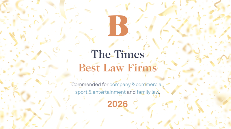 The image displays a celebratory background with gold confetti, featuring text that awards "The Times Best Law Firms 2026" for company, commercial, sport, entertainment, and family law.