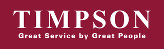 TIMPSON logo in large white serif letters on a maroon background, featuring the slogan Great Service by Great People.