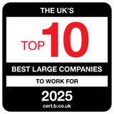 A badge with a black background, white border, and white text that reads "The UK’s Top 10 Best Large Companies to Work For 2025," with the number 10 in large red font.