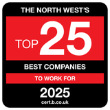 The image shows a badge with a black background and white border, listing the top 25 companies to work for in the North West for 2025, with the website cert.b.co.uk.