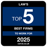 Ranking of the top 5 law firms to work for in 2025, according to cert.b.co.uk, on a black, blue, and white badge.