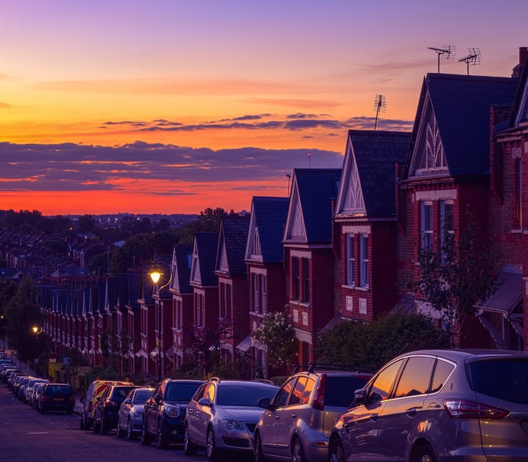 UK street housing at sunset