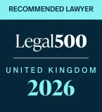 Recommended lawyer Legal500 United Kingdom 2026 text on a dark background with light blue and white accents.