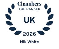 Chambers Top Ranked UK 2026 Nik White badge with a laurel wreath design in dark blue.