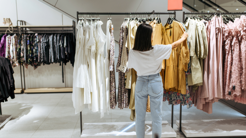 Person with short dark hair stands with their back to the camera, browsing a rack of dresses in a bright clothing store, wearing a white top and light jeans.